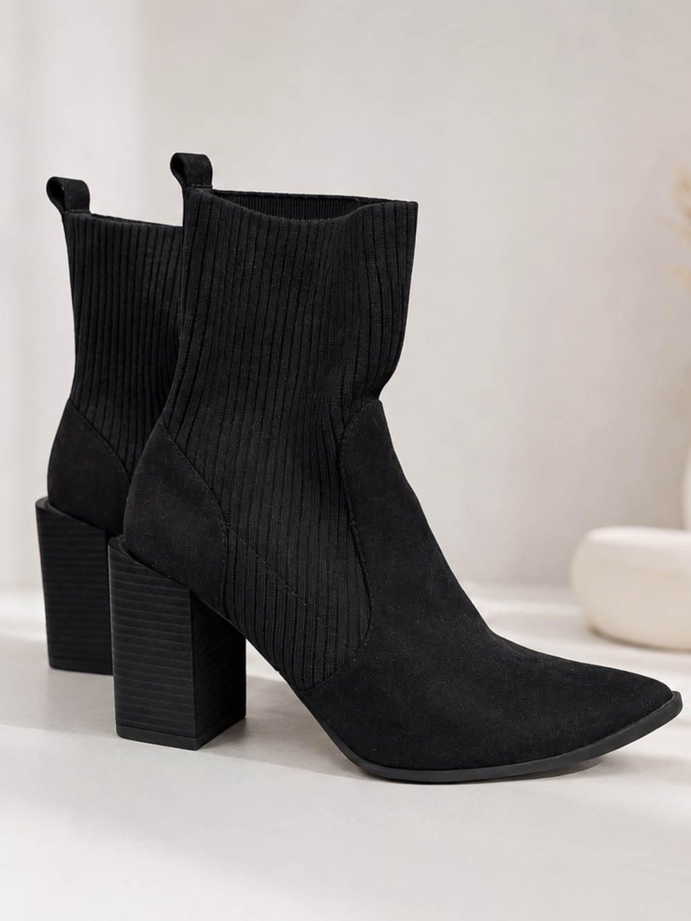 Call It Spring Black Ribbed Sock Ankle Boots with Block Heel